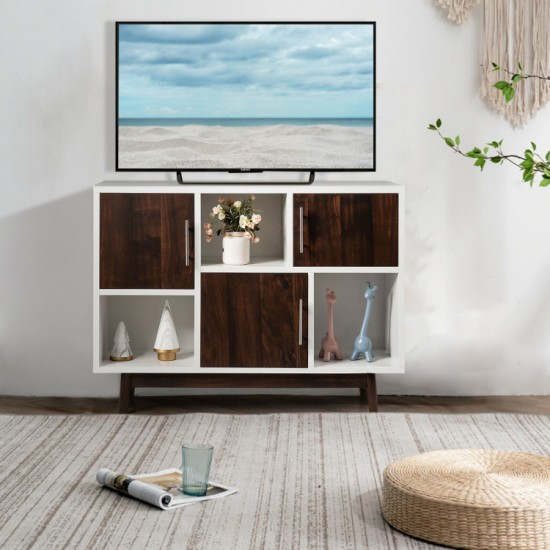 Honhorrs Six-Compartment Storage Sideboard, Mixed Open Display and Enclosed Sections on Pine Legs