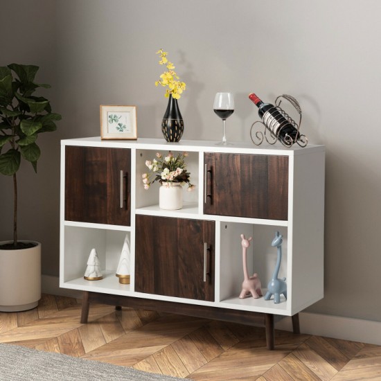 Honhorrs Six-Compartment Storage Sideboard, Mixed Open Display and Enclosed Sections on Pine Legs