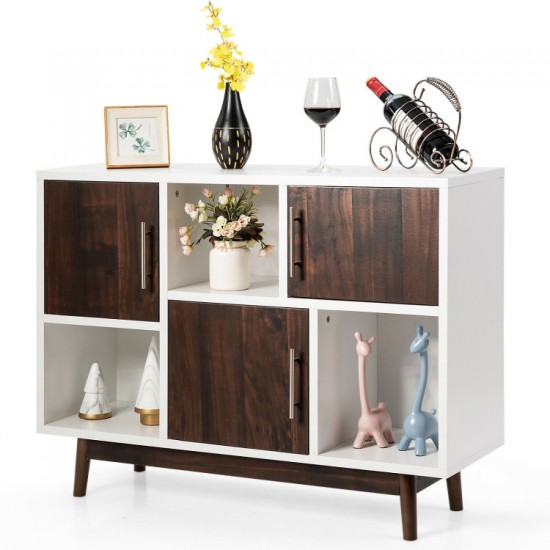 Honhorrs Six-Compartment Storage Sideboard, Mixed Open Display and Enclosed Sections on Pine Legs