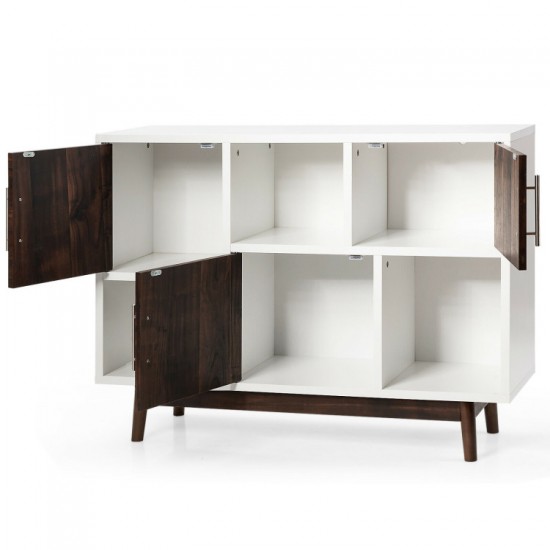 Honhorrs Six-Compartment Storage Sideboard, Mixed Open Display and Enclosed Sections on Pine Legs