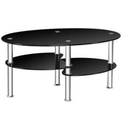 XVX Oval Tempered-Glass Coffee Table with Two Lower Storage Shelves and Rounded Tabletop Edges