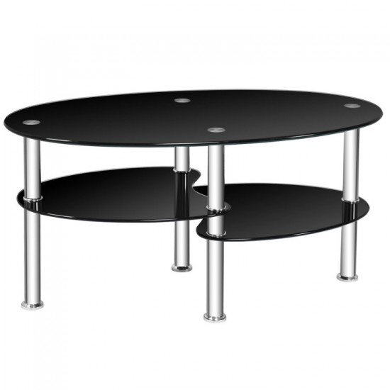 Honhorrs Oval Tempered-Glass Coffee Table with Two Lower Storage Shelves and Rounded Tabletop Edges