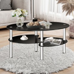 XVX Oval Tempered-Glass Coffee Table with Two Lower Storage Shelves and Rounded Tabletop Edges