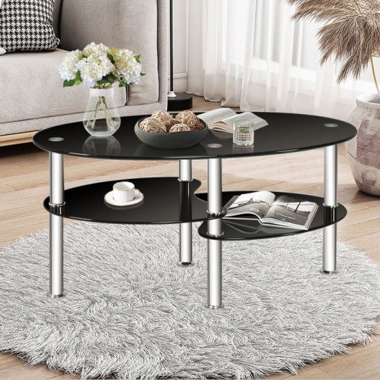 Honhorrs Oval Tempered-Glass Coffee Table with Two Lower Storage Shelves and Rounded Tabletop Edges