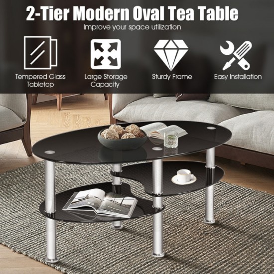 Honhorrs Oval Tempered-Glass Coffee Table with Two Lower Storage Shelves and Rounded Tabletop Edges