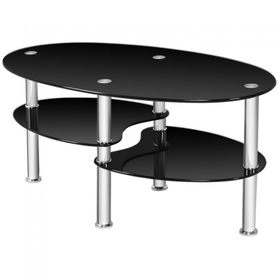Honhorrs Oval Tempered-Glass Coffee Table with Two Lower Storage Shelves and Rounded Tabletop Edges