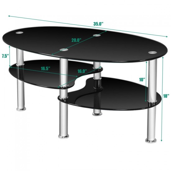 Honhorrs Oval Tempered-Glass Coffee Table with Two Lower Storage Shelves and Rounded Tabletop Edges