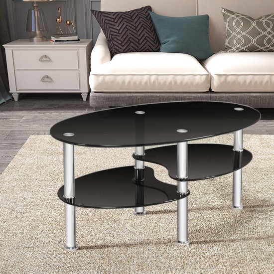 Honhorrs Oval Tempered-Glass Coffee Table with Two Lower Storage Shelves and Rounded Tabletop Edges