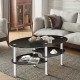 Honhorrs Oval Tempered-Glass Coffee Table with Two Lower Storage Shelves and Rounded Tabletop Edges