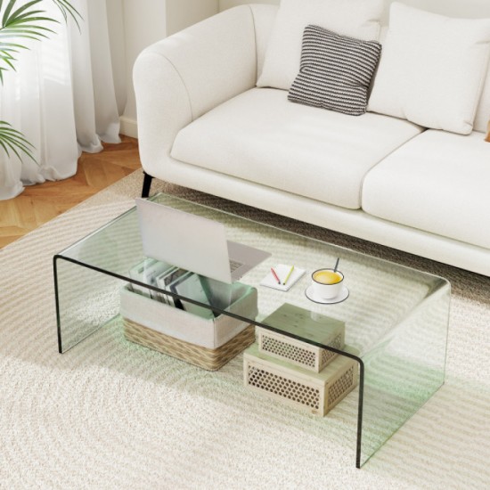 Honhorrs Clear Tempered-Glass Coffee Table, 40-Inch Rectangular Surface with Rounded Waterfall Edges