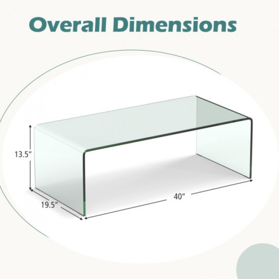 Honhorrs Clear Tempered-Glass Coffee Table, 40-Inch Rectangular Surface with Rounded Waterfall Edges