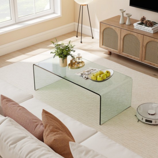 Honhorrs Clear Tempered-Glass Coffee Table, 40-Inch Rectangular Surface with Rounded Waterfall Edges