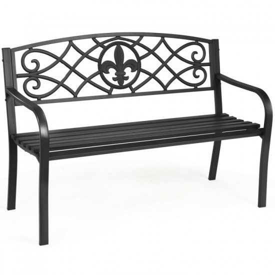 Honhorrs 50-Inch Metal Garden Bench, Powder-Coated Steel with Decorative Back and Rounded Armrests