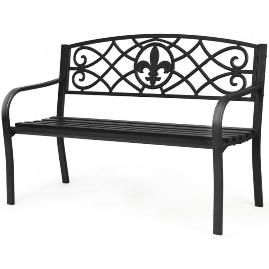 Honhorrs 50-Inch Metal Garden Bench, Powder-Coated Steel with Decorative Back and Rounded Armrests