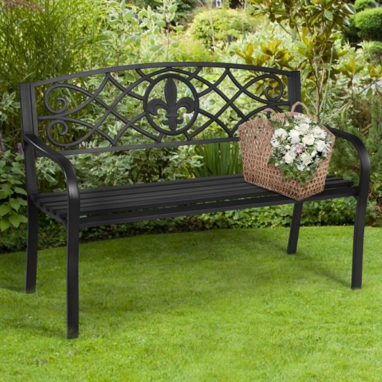 Honhorrs 50-Inch Metal Garden Bench, Powder-Coated Steel with Decorative Back and Rounded Armrests