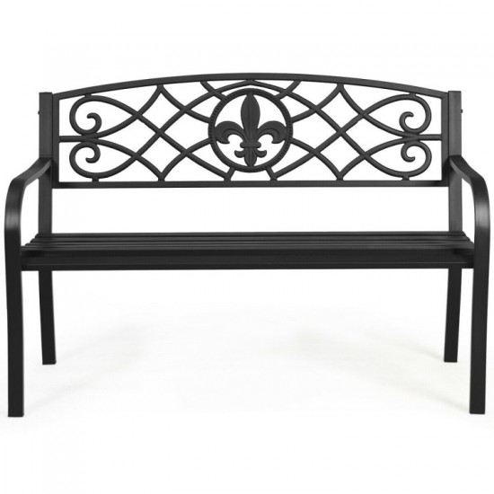 Honhorrs 50-Inch Metal Garden Bench, Powder-Coated Steel with Decorative Back and Rounded Armrests