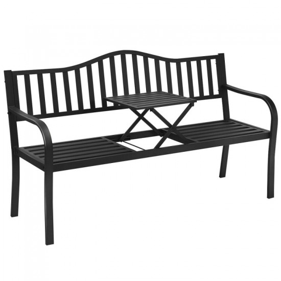 Honhorrs Steel Garden Bench with Lift-Up Center Table, Powder-Coated Frame and Nonslip Support Feet