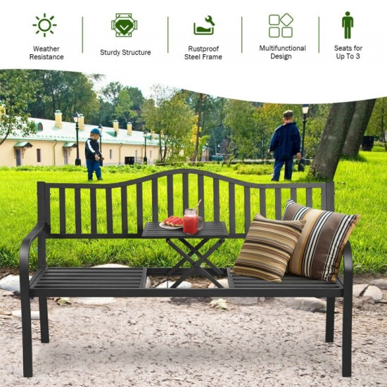 Honhorrs Steel Garden Bench with Lift-Up Center Table, Powder-Coated Frame and Nonslip Support Feet