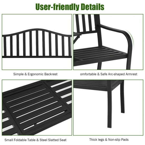 Honhorrs Steel Garden Bench with Lift-Up Center Table, Powder-Coated Frame and Nonslip Support Feet