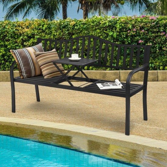 Honhorrs Steel Garden Bench with Lift-Up Center Table, Powder-Coated Frame and Nonslip Support Feet