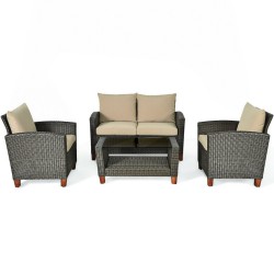 XVX Four-Piece PE-Wicker Patio Seating Set, Loveseat and Armchairs with Seat and Back Cushions