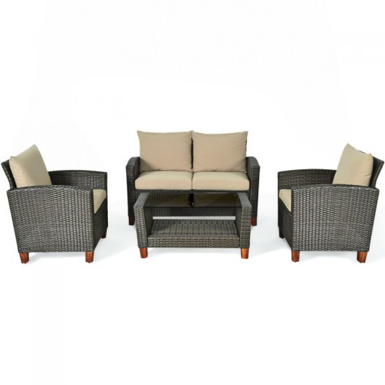 Honhorrs Four-Piece PE-Wicker Patio Seating Set, Loveseat and Armchairs with Seat and Back Cushions