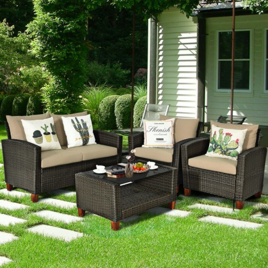 Honhorrs Four-Piece PE-Wicker Patio Seating Set, Loveseat and Armchairs with Seat and Back Cushions