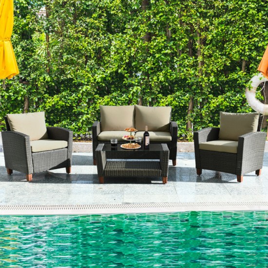 Honhorrs Four-Piece PE-Wicker Patio Seating Set, Loveseat and Armchairs with Seat and Back Cushions