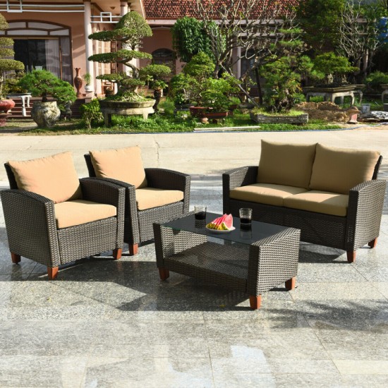 Honhorrs Four-Piece PE-Wicker Patio Seating Set, Loveseat and Armchairs with Seat and Back Cushions