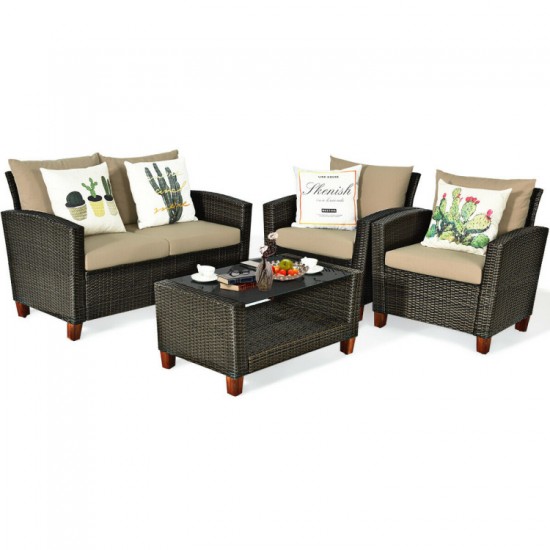 Honhorrs Four-Piece PE-Wicker Patio Seating Set, Loveseat and Armchairs with Seat and Back Cushions
