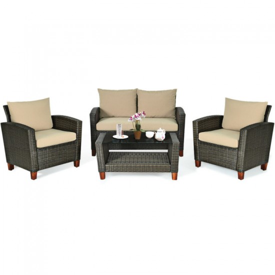 Honhorrs Four-Piece PE-Wicker Patio Seating Set, Loveseat and Armchairs with Seat and Back Cushions