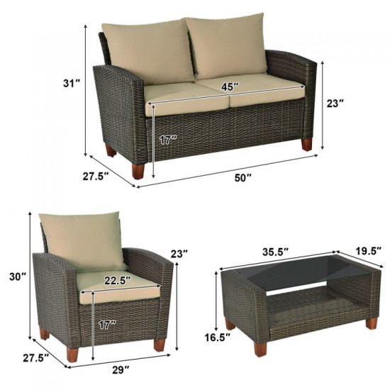 Honhorrs Four-Piece PE-Wicker Patio Seating Set, Loveseat and Armchairs with Seat and Back Cushions