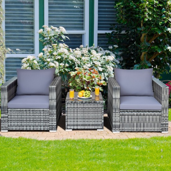 Honhorrs Three-Piece Wicker Patio Sofa Set, Cushioned Seating with Wide Arms and Removable Glass Top