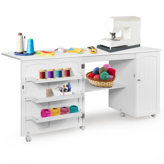 Honhorrs Folding Sewing Workstation, Three Tool Bins and Cabinet Shelves on Lockable Rolling Casters