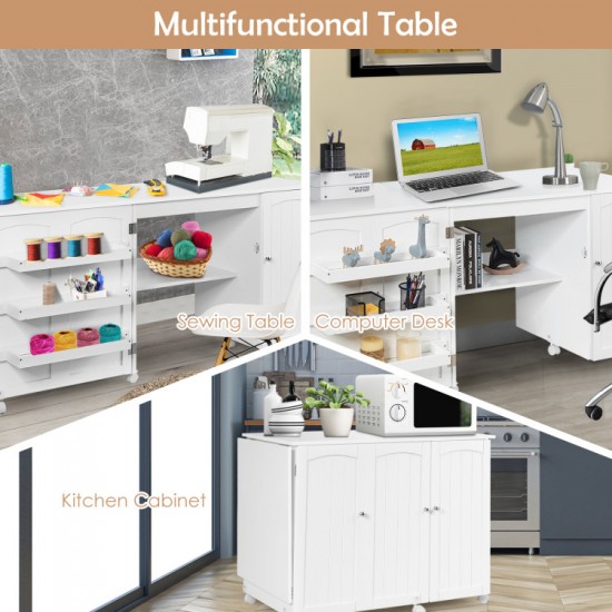 Honhorrs Folding Sewing Workstation, Three Tool Bins and Cabinet Shelves on Lockable Rolling Casters