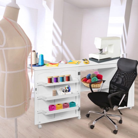 Honhorrs Folding Sewing Workstation, Three Tool Bins and Cabinet Shelves on Lockable Rolling Casters