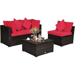 Honhorrs 4-Piece Modular Patio Rattan Seating Set with Ottoman, Removable Cushions and Pillows