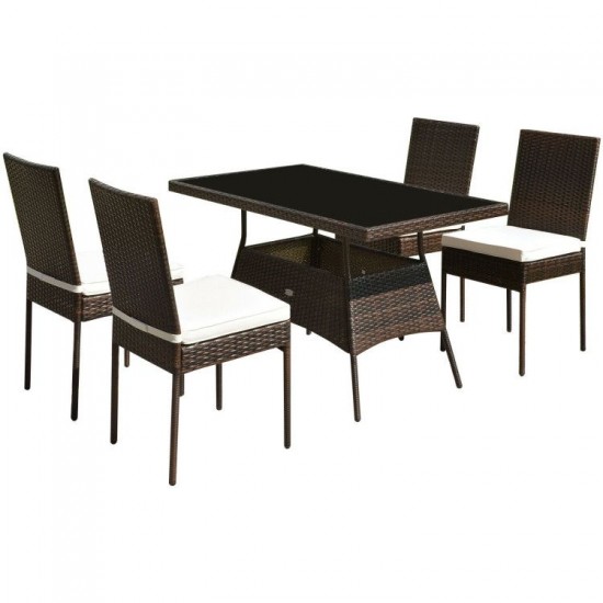 Honhorrs Five-Piece Rattan Patio Dining Set, Glass-Top Table and High-Back Chairs with Tied Cushions