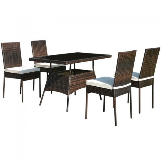 Honhorrs Five-Piece Rattan Patio Dining Set, Glass-Top Table and High-Back Chairs with Tied Cushions