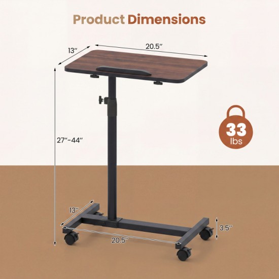 Honhorrs Rolling Overbed Table, Height and Tilt Adjustments with Four Locking Wheels and Side Hook