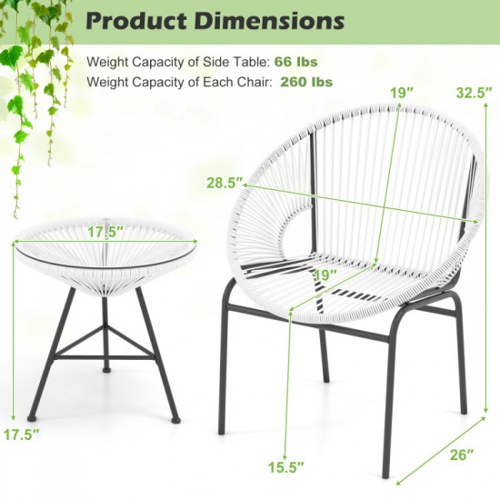 Honhorrs Acapulco Patio Bistro Trio, Rope-Woven Chairs and Tempered-Glass Table on Steel Frames