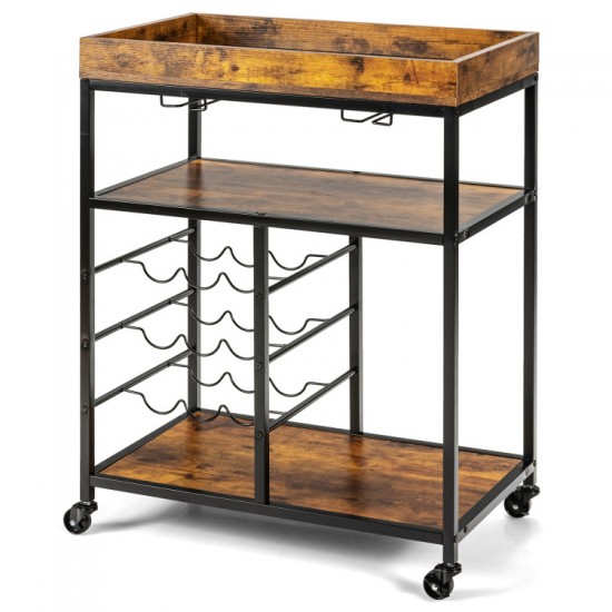 Honhorrs 3-Tier Rolling Serving Cart with 9-Bottle Wine Rack, Stemware Holder and Metal Frame