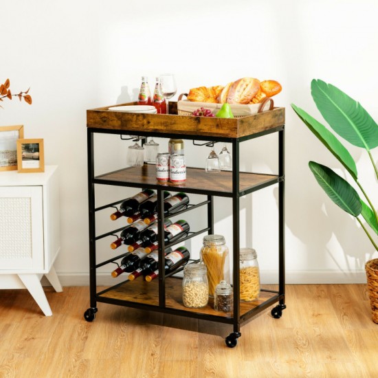 Honhorrs 3-Tier Rolling Serving Cart with 9-Bottle Wine Rack, Stemware Holder and Metal Frame