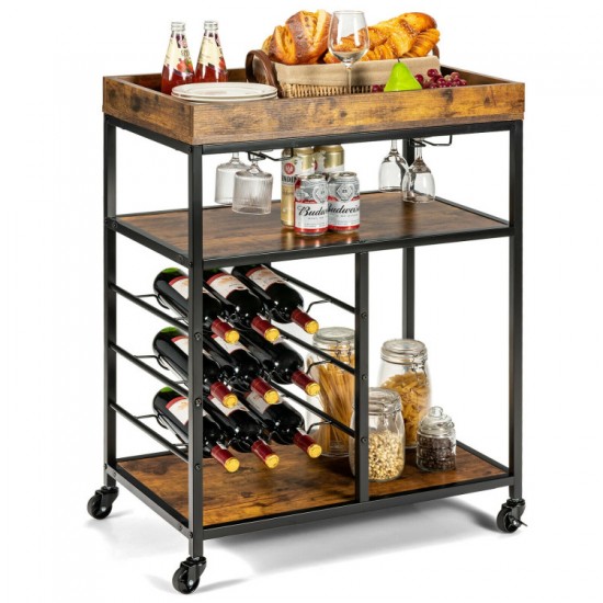 Honhorrs 3-Tier Rolling Serving Cart with 9-Bottle Wine Rack, Stemware Holder and Metal Frame