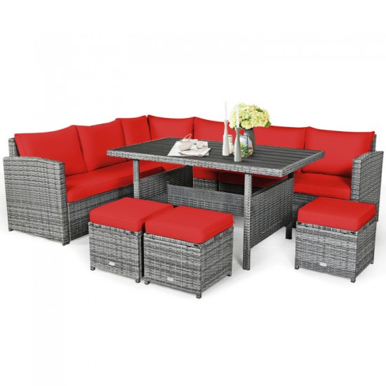 Honhorrs 7-Piece Outdoor Wicker Dining Sofa Set with 3 Loveseats, 3 Ottomans and Dining Table
