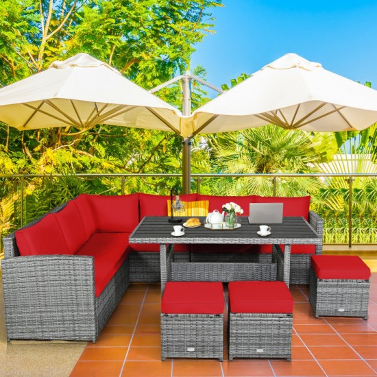 Honhorrs 7-Piece Outdoor Wicker Dining Sofa Set with 3 Loveseats, 3 Ottomans and Dining Table
