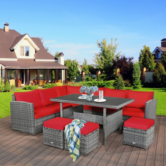 Honhorrs 7-Piece Outdoor Wicker Dining Sofa Set with 3 Loveseats, 3 Ottomans and Dining Table
