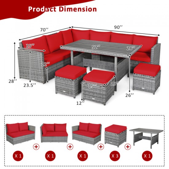 Honhorrs 7-Piece Outdoor Wicker Dining Sofa Set with 3 Loveseats, 3 Ottomans and Dining Table