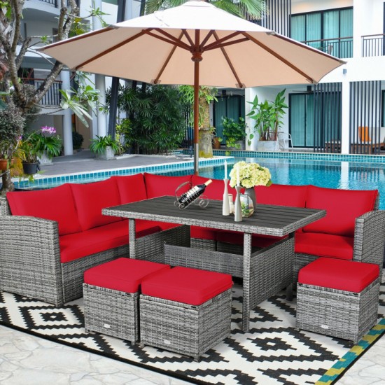 Honhorrs 7-Piece Outdoor Wicker Dining Sofa Set with 3 Loveseats, 3 Ottomans and Dining Table