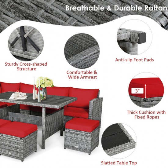 Honhorrs 7-Piece Outdoor Wicker Dining Sofa Set with 3 Loveseats, 3 Ottomans and Dining Table